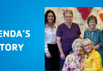 A photo of Brenda Heckmann posing with Brenda Rabe and other guests at her 50th work anniversary on a blue background with the Y logo and text saying "Brenda's Y Story"