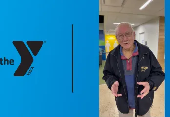 Obie subject in the middle with a blue gradient background. Black YMCA logo located in the top left corner