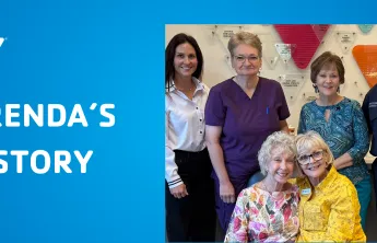 A photo of Brenda Heckmann posing with Brenda Rabe and other guests at her 50th work anniversary on a blue background with the Y logo and text saying "Brenda's Y Story"