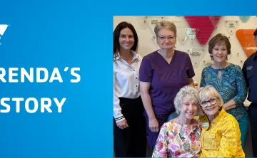 A photo of Brenda Heckmann posing with Brenda Rabe and other guests at her 50th work anniversary on a blue background with the Y logo and text saying "Brenda's Y Story"